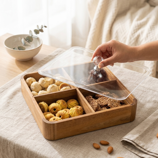 Wooden Four-Section Serving Platter with Acrylic Lid Large
